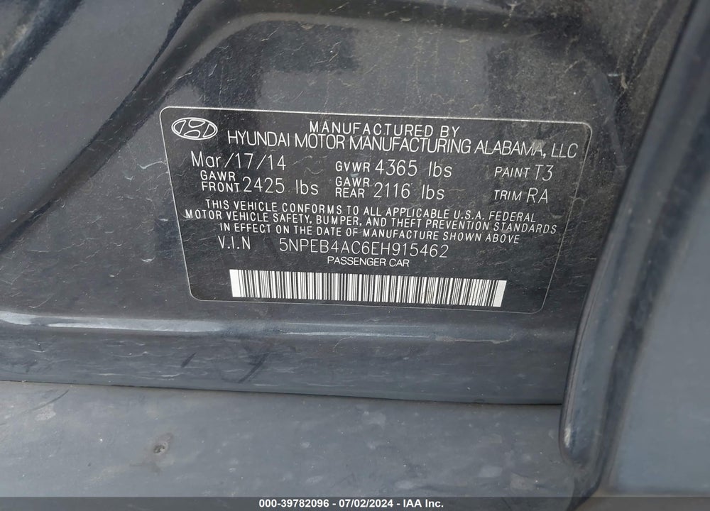 2014 HYUNDAI SONATA VIN: 5NPEB4AC6EH915462
