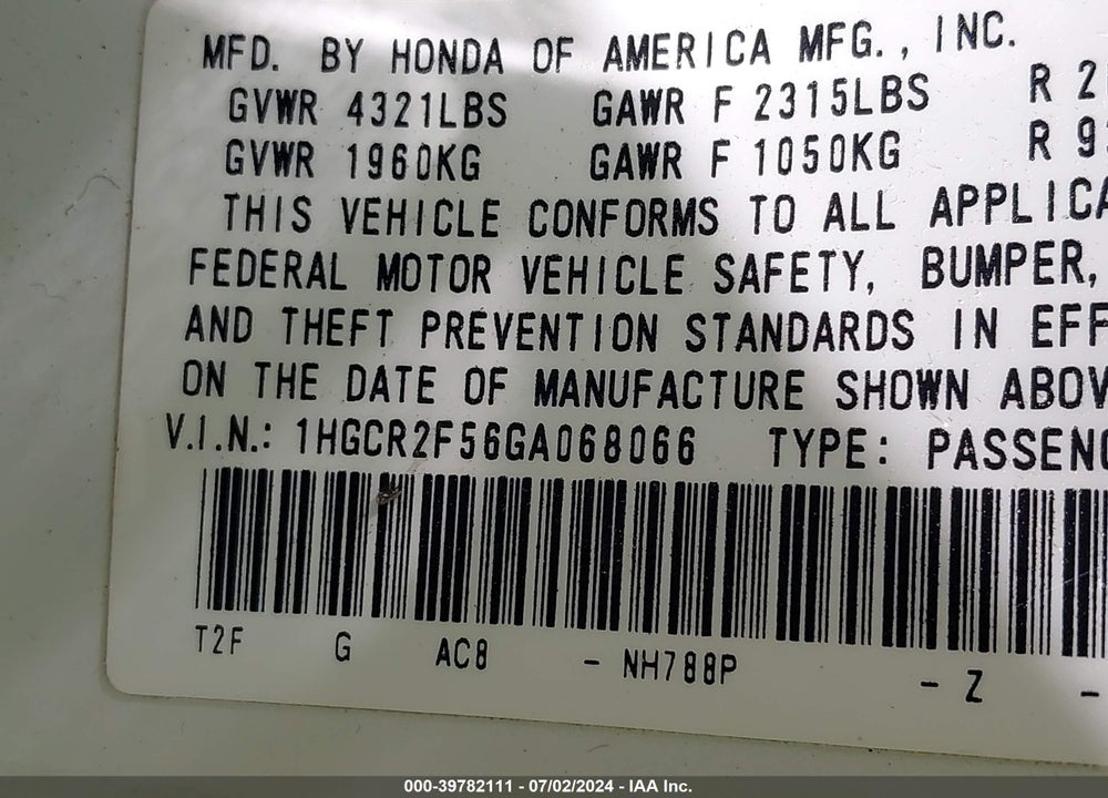 2016 HONDA ACCORD SPORT VIN: 1HGCR2F56GA068066
