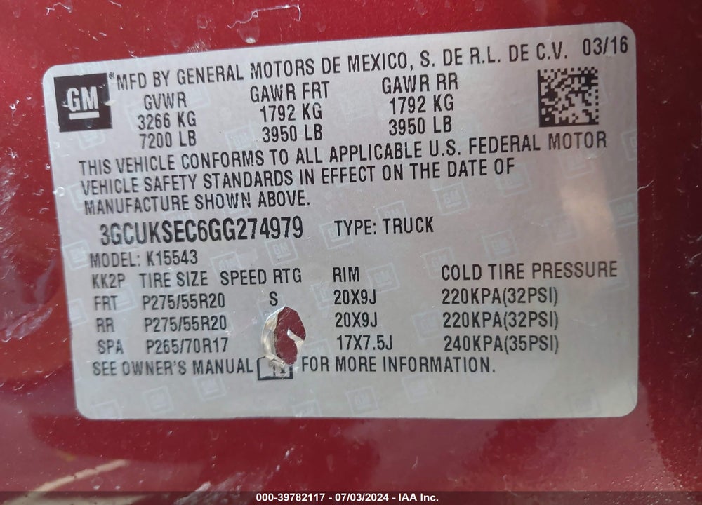 2016 CHEVROLET SILVERADO 1500 1LZ VIN: 3GCUKSEC6GG274979