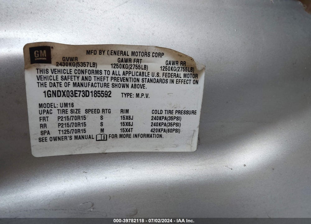 2003 CHEVROLET VENTURE LS VIN: 1GNDX03E73D185592