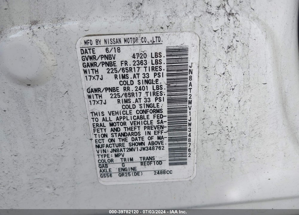 2018 NISSAN ROGUE VIN: JN8AT2MV1JW348762