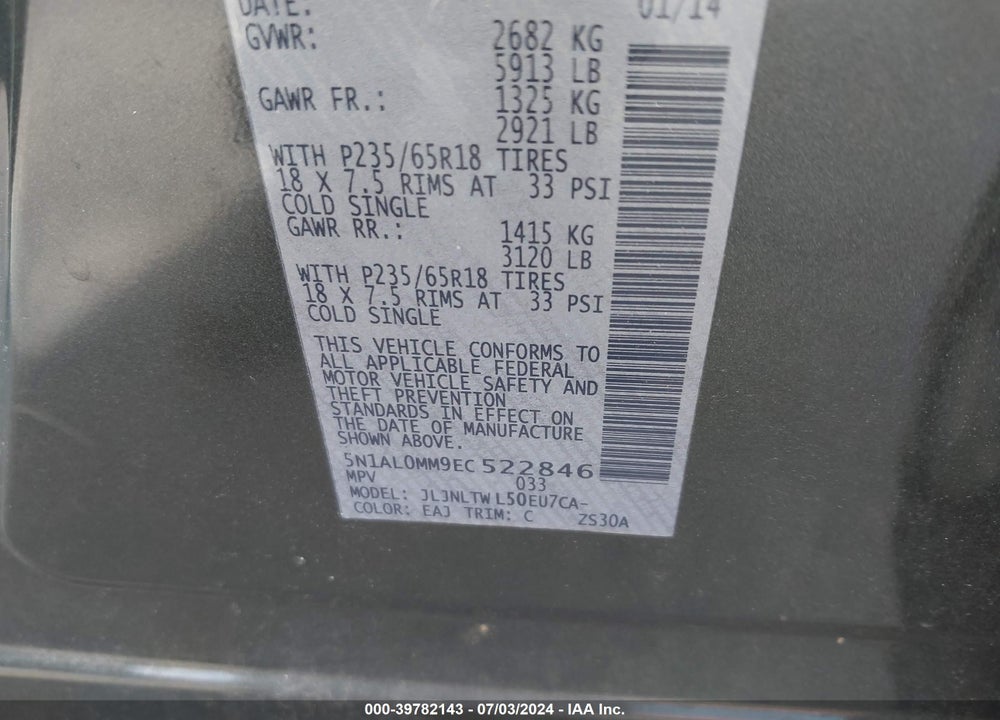 2014 INFINITI QX60 VIN: 5N1AL0MM9EC522846