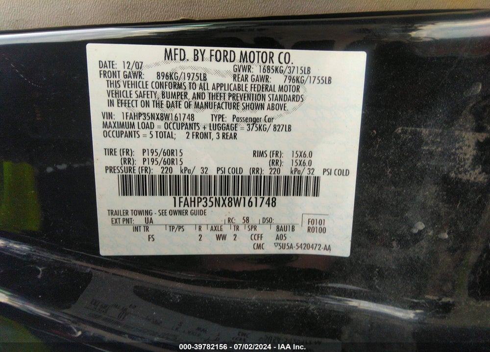 2008 FORD FOCUS SE VIN: 1FAHP35NX8W161748