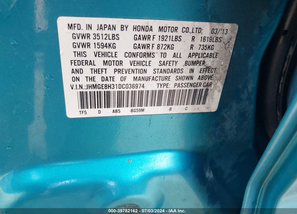 2013 HONDA FIT VIN: JHMGE8H31DC036974