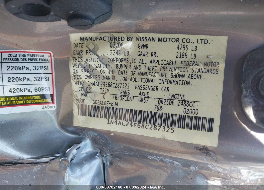 2008 NISSAN ALTIMA 2.5 S VIN: 1N4AL24E68C287325