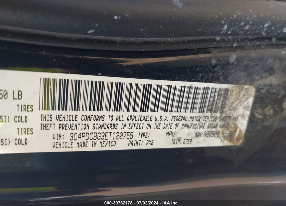 2014 DODGE JOURNEY SXT VIN: 3C4PDCBG3ET120755