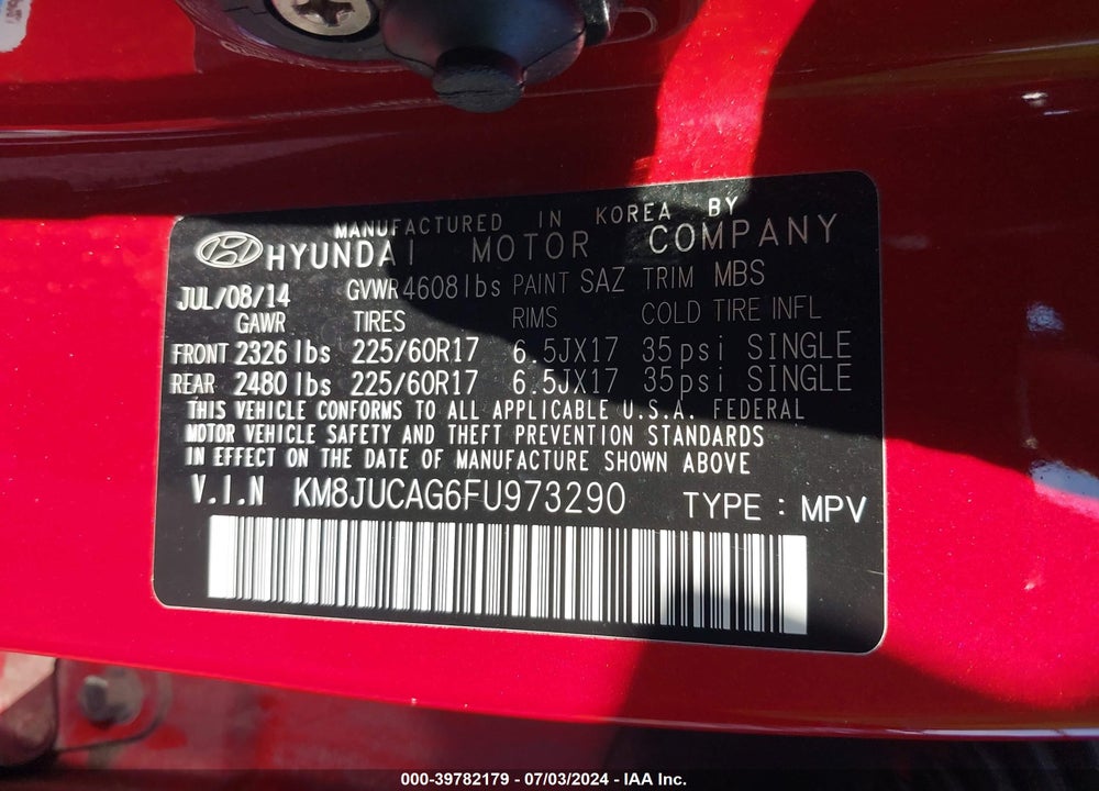 2015 HYUNDAI TUCSON SE VIN: KM8JUCAG6FU973290