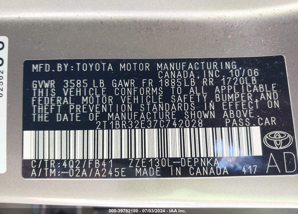 2007 TOYOTA COROLLA LE VIN: 2T1BR32E37C742028