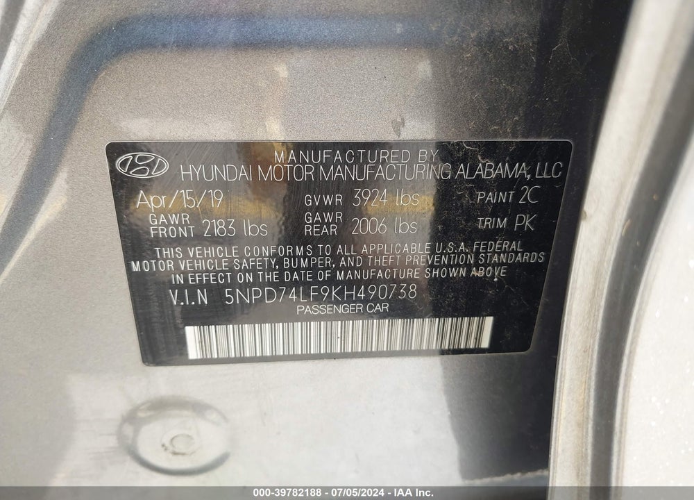 2019 HYUNDAI ELANTRA SE VIN: 5NPD74LF9KH490738