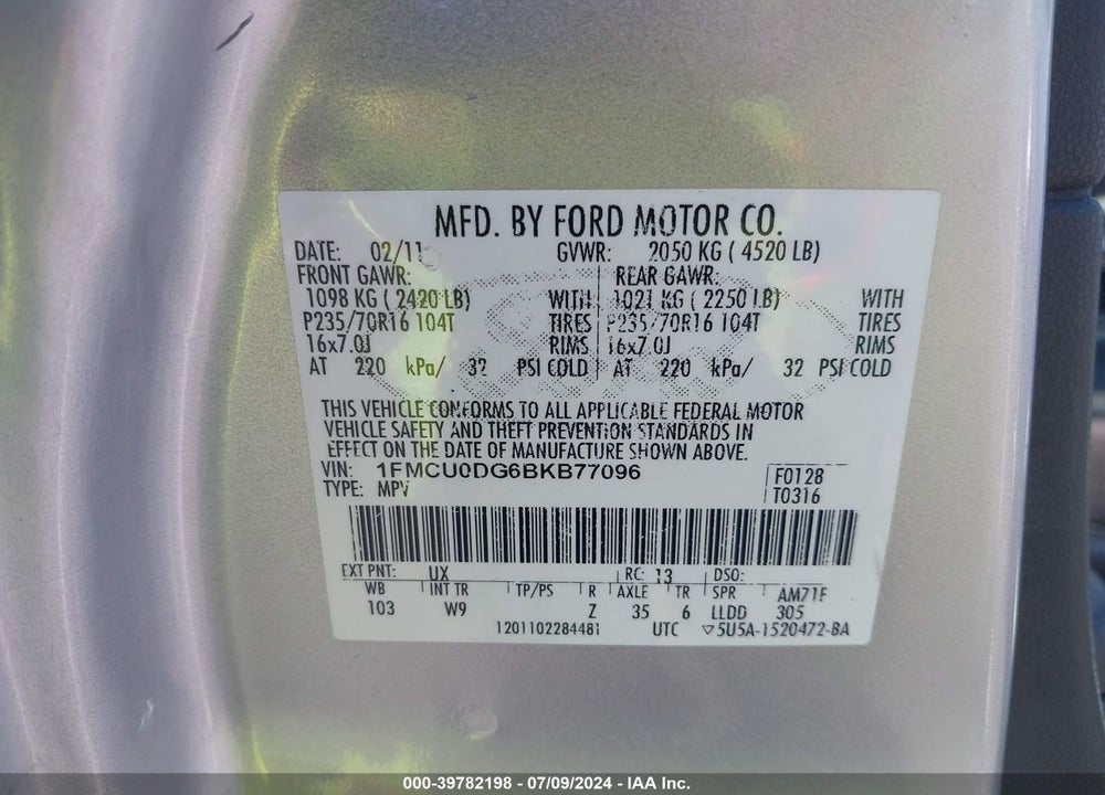 2011 FORD ESCAPE XLT VIN: 1FMCU0DG6BKB77096