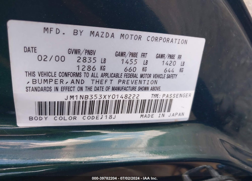 2000 MAZDA MX-5 MIATA LS/SPECIAL EDITION VIN: JM1NB353XY0148222