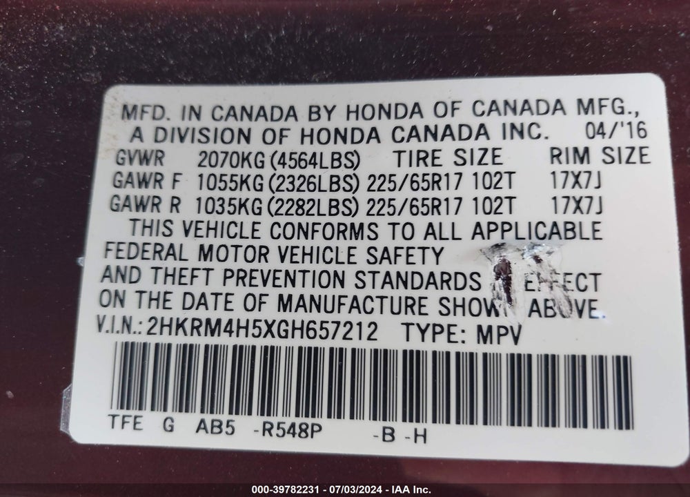 2016 HONDA CR-V EX VIN: 2HKRM4H5XGH657212
