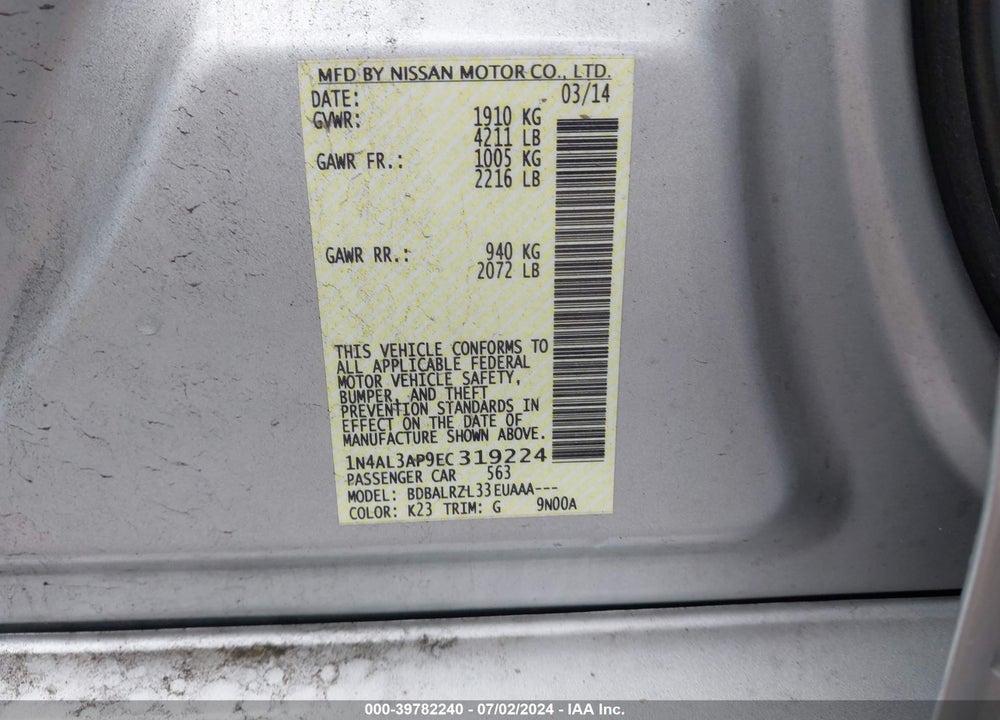 2014 NISSAN ALTIMA 2.5/2.5 S/2.5 SL/2.5 SV VIN: 1N4AL3AP9EC319224