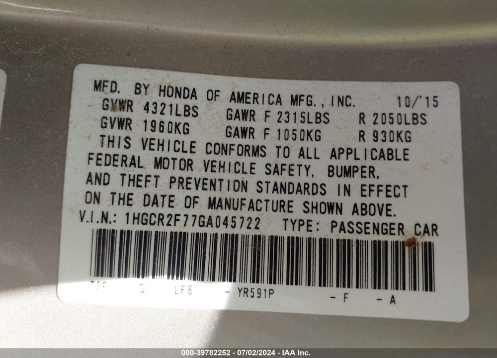 2016 HONDA ACCORD EX VIN: 1HGCR2F77GA045722