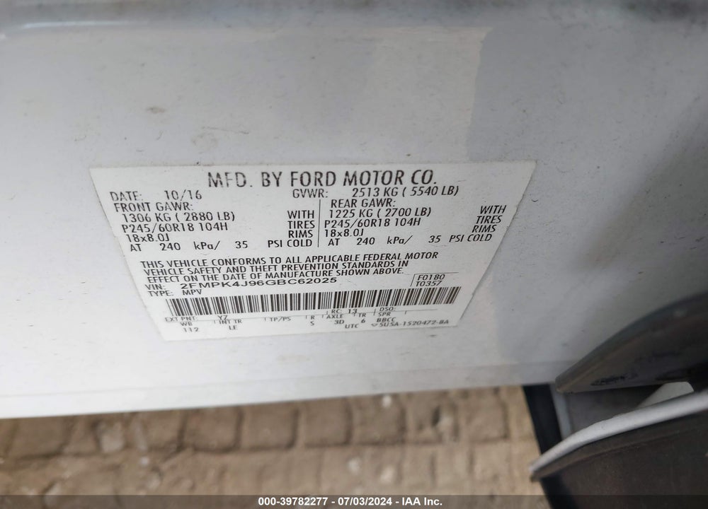 2016 FORD EDGE SEL VIN: 2FMPK4J96GBC62025