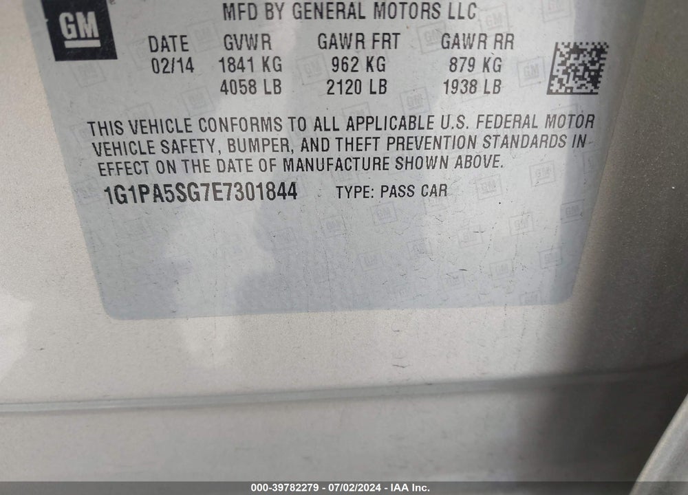 2014 CHEVROLET CRUZE LS AUTO VIN: 1G1PA5SG7E7301844