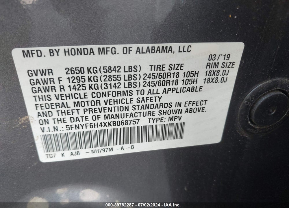 2019 HONDA PILOT EX-L VIN: 5FNYF6H4XKB068757