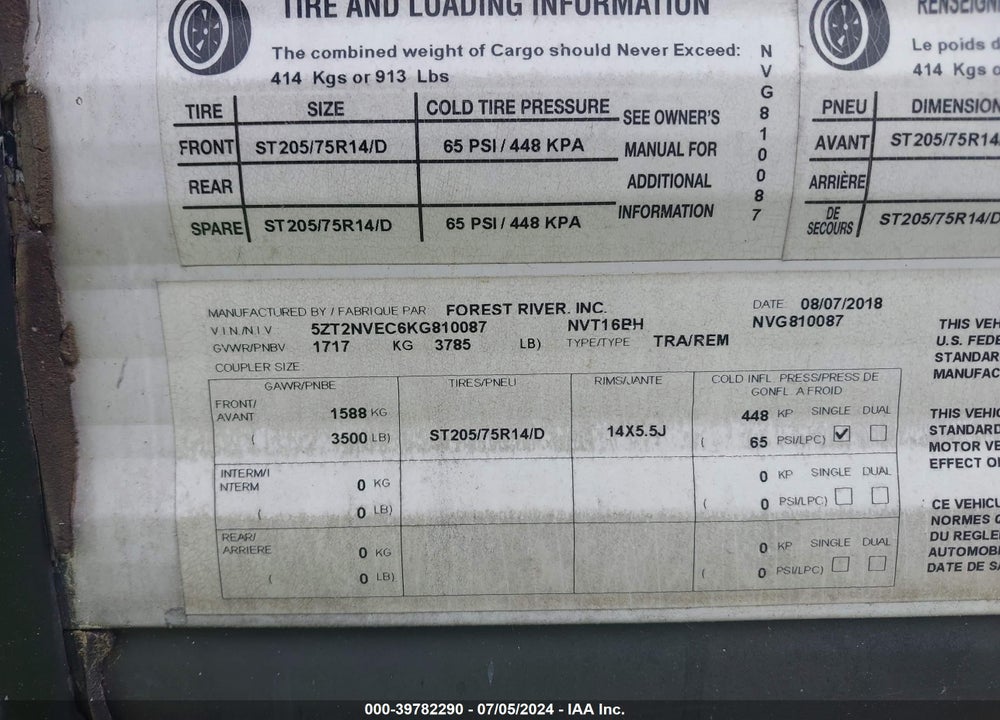 2019 PRIME TIME NAVI CAMPER VIN: 5ZT2NVEC6KG810087
