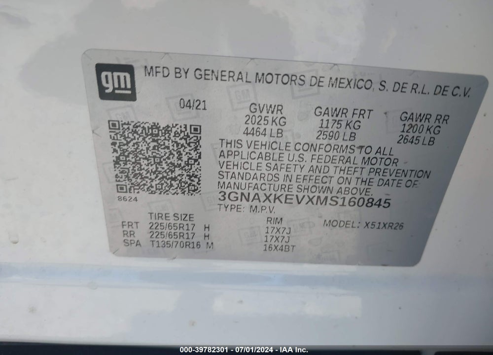 2021 CHEVROLET EQUINOX FWD LT VIN: 3GNAXKEVXMS160845