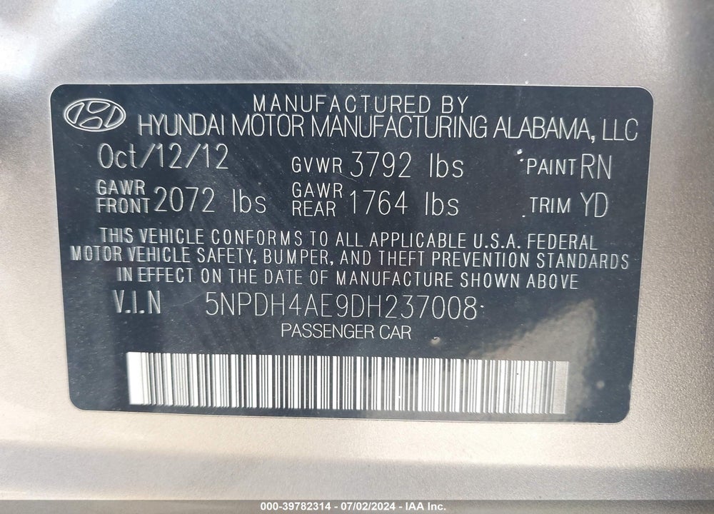 2013 HYUNDAI ELANTRA GLS VIN: 5NPDH4AE9DH237008