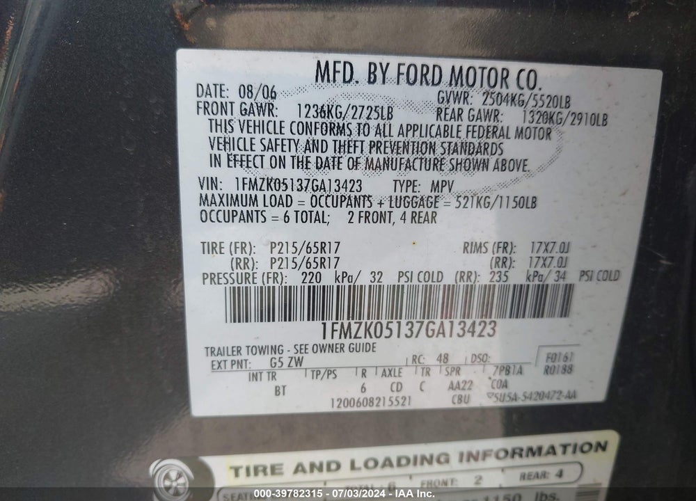 2007 FORD FREESTYLE SEL VIN: 1FMZK05137GA13423