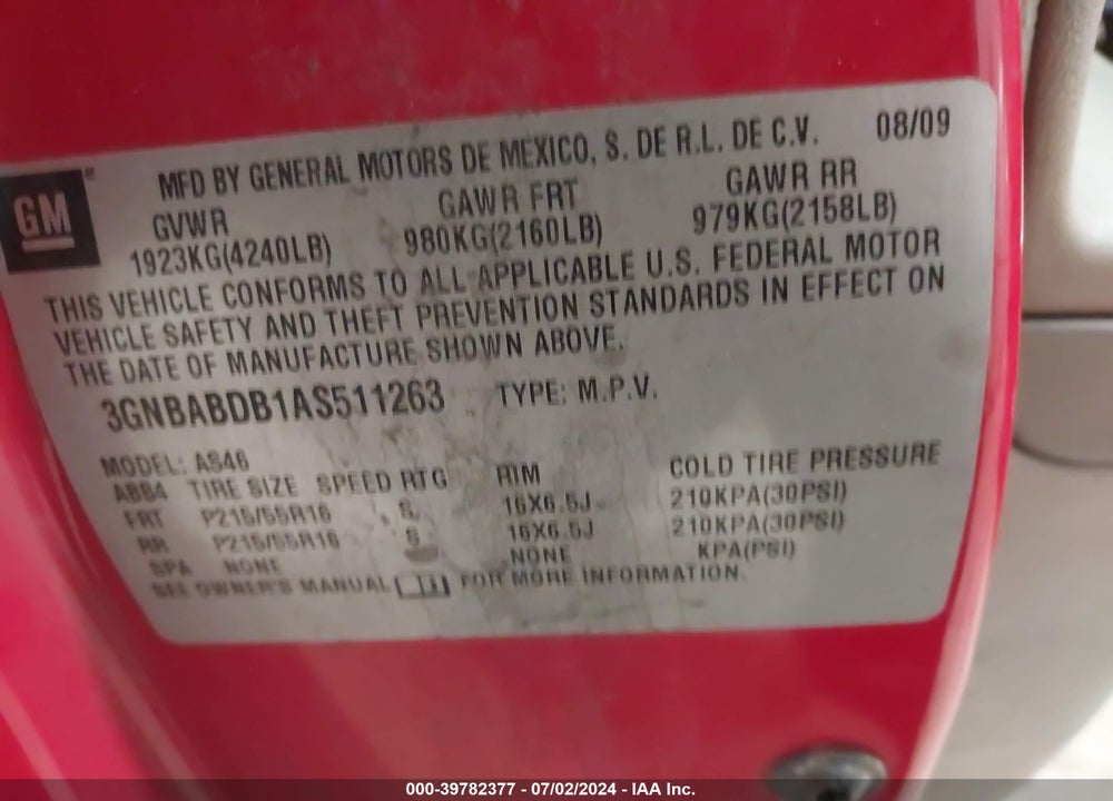 2010 CHEVROLET HHR LT VIN: 3GNBABDB1AS511263