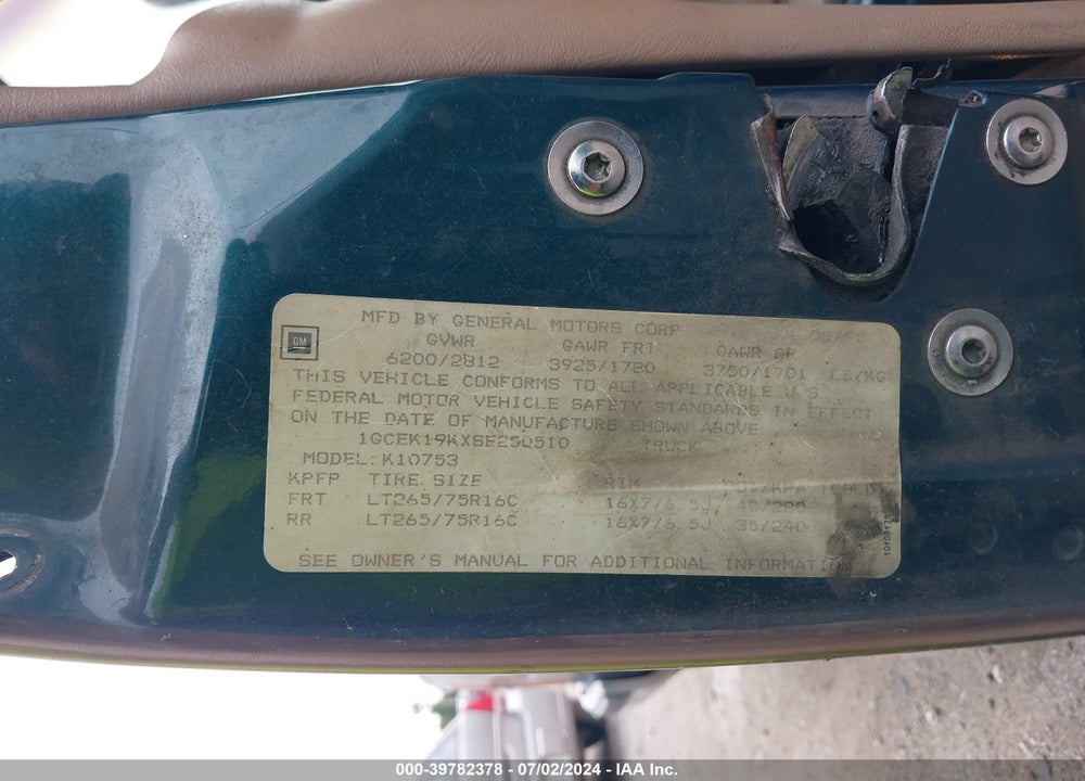 1995 CHEVROLET GMT-400 K1500 VIN: 1GCEK19KXSE250510