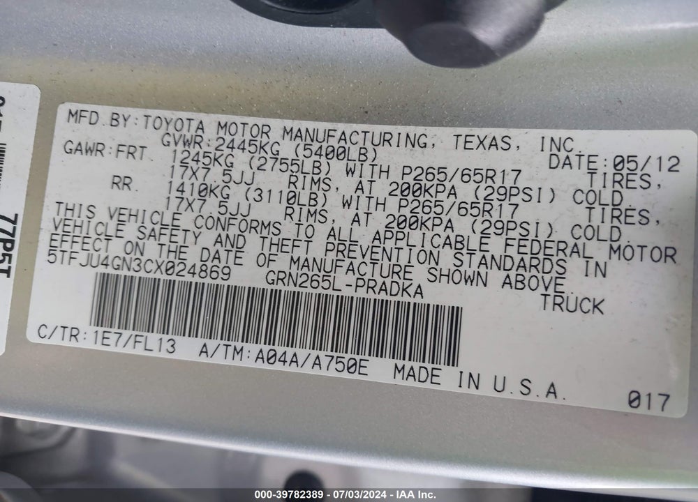 2012 TOYOTA TACOMA PRERUNNER V6 VIN: 5TFJU4GN3CX024869