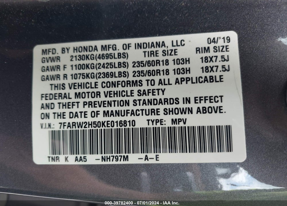 2019 HONDA CR-V EX VIN: 7FARW2H50KE016810