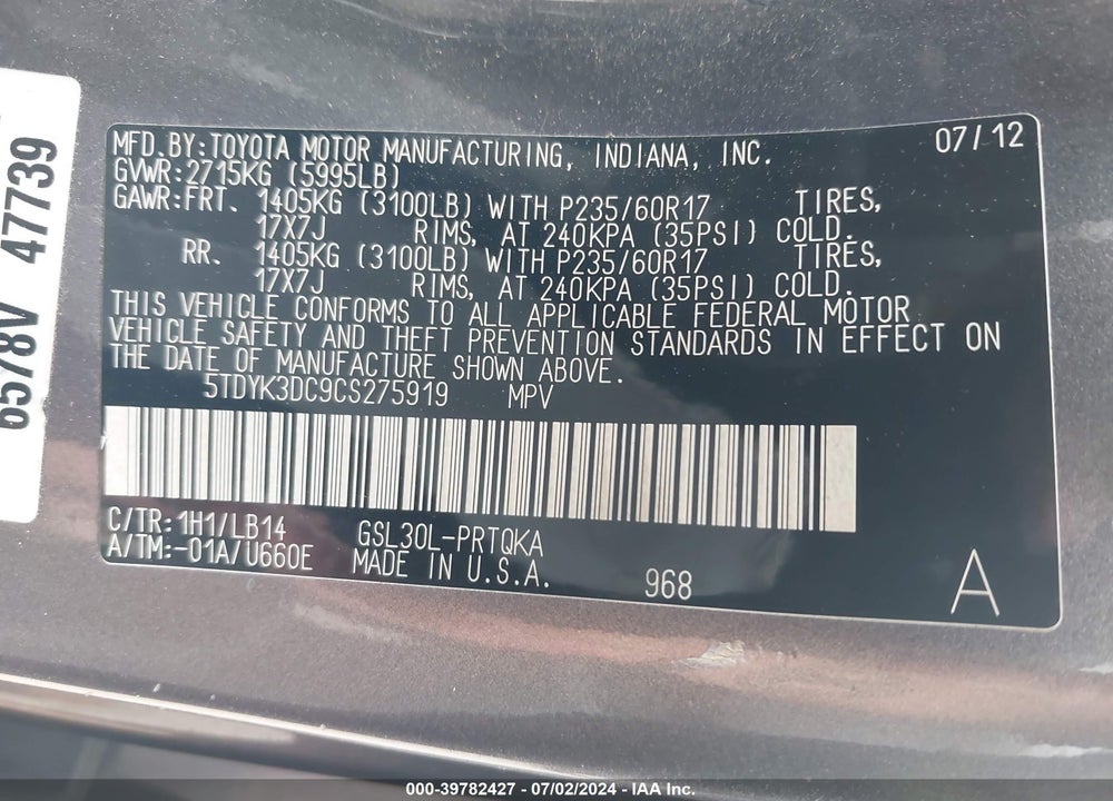 2012 TOYOTA SIENNA XLE V6 8 PASSENGER VIN: 5TDYK3DC9CS275919