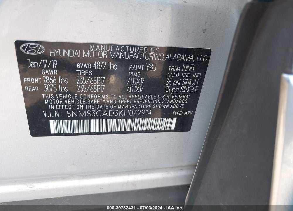 2019 HYUNDAI SANTA FE SEL VIN: 5NMS3CAD3KH079914