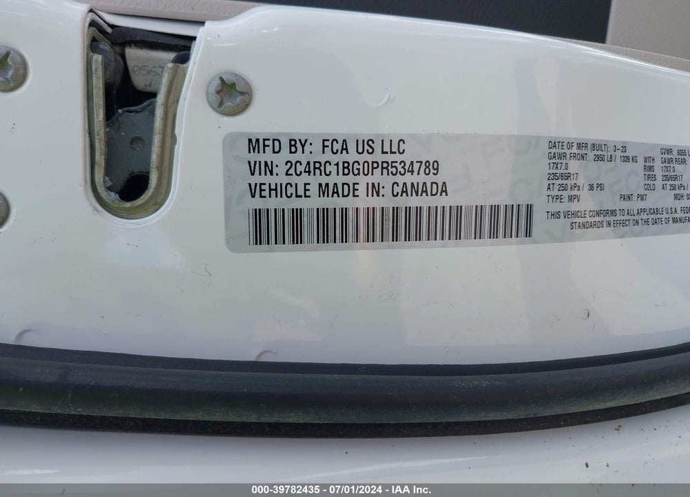 2023 CHRYSLER PACIFICA TOURING L VIN: 2C4RC1BG0PR534789