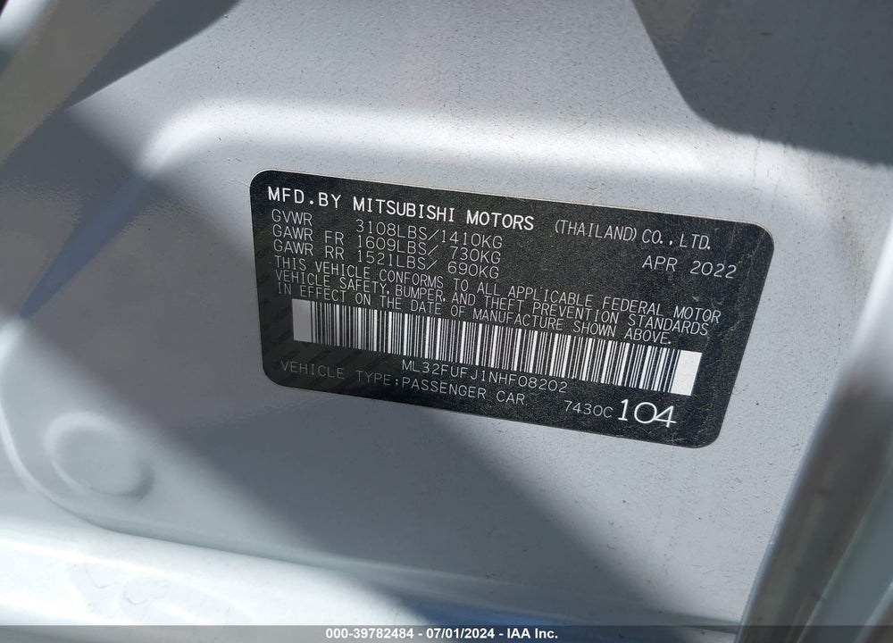 2022 MITSUBISHI MIRAGE G4 BLACK EDITION VIN: ML32FUFJ1NHF08202