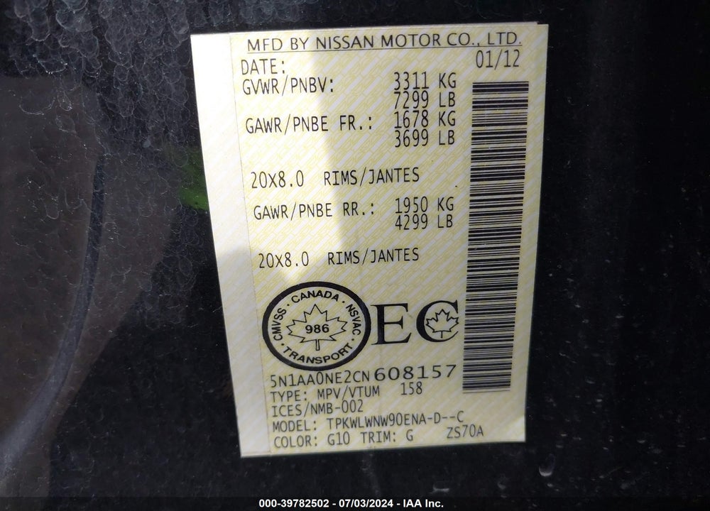 2012 NISSAN ARMADA PLATINUM VIN: 5N1AA0NE2CN608157