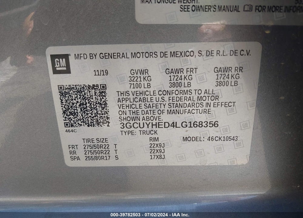 2020 CHEVROLET SILVERADO 1500 4WD SHORT BED HIGH COUNTRY VIN: 3GCUYHED4LG168356