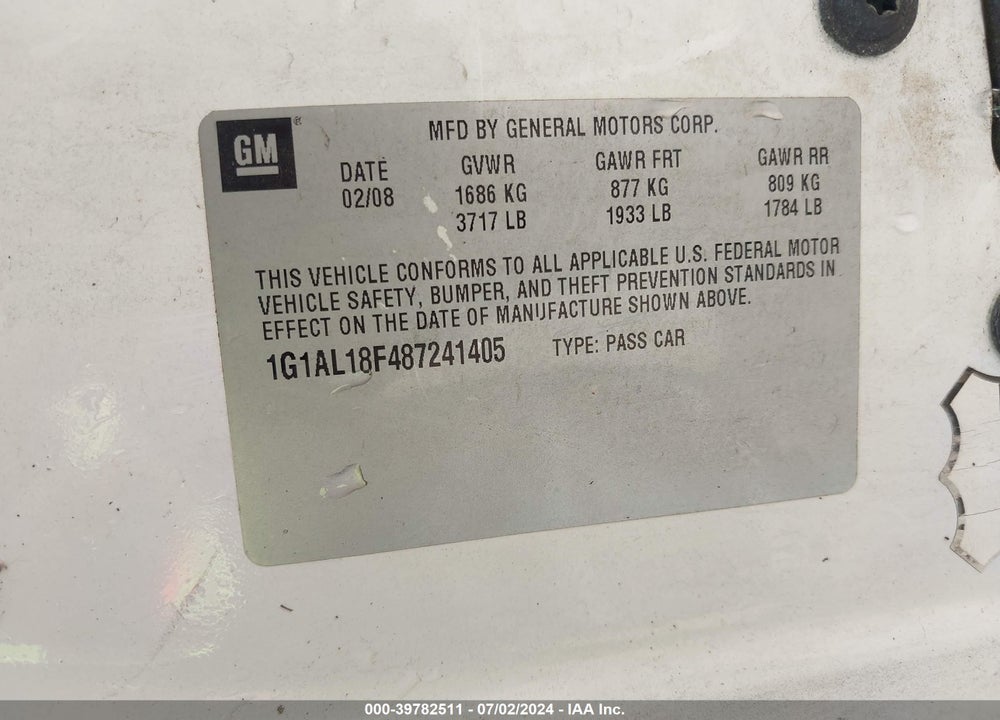 2008 CHEVROLET COBALT LT VIN: 1G1AL18F487241405
