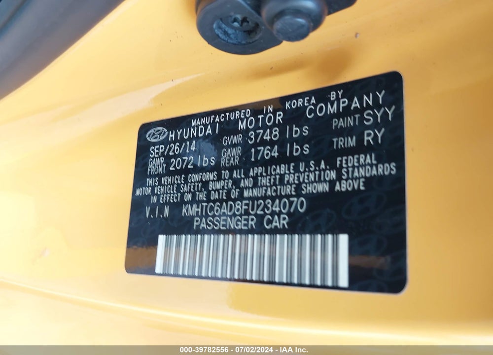 2015 HYUNDAI VELOSTER VIN: KMHTC6AD8FU234070