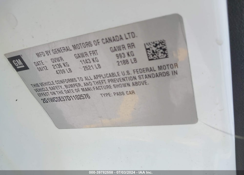 2013 CHEVROLET IMPALA LTZ VIN: 2G1WC5E37D1102576