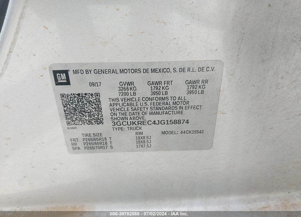 2018 CHEVROLET SILVERADO 1500 2LT VIN: 3GCUKREC4JG158874