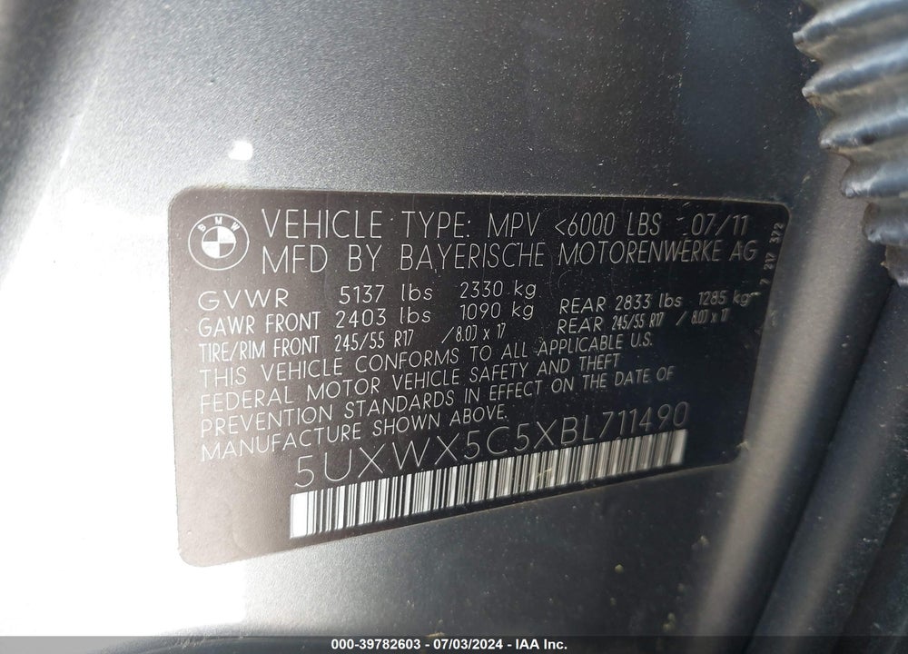 2011 BMW X3 XDRIVE28I VIN: 5UXWX5C5XBL711490