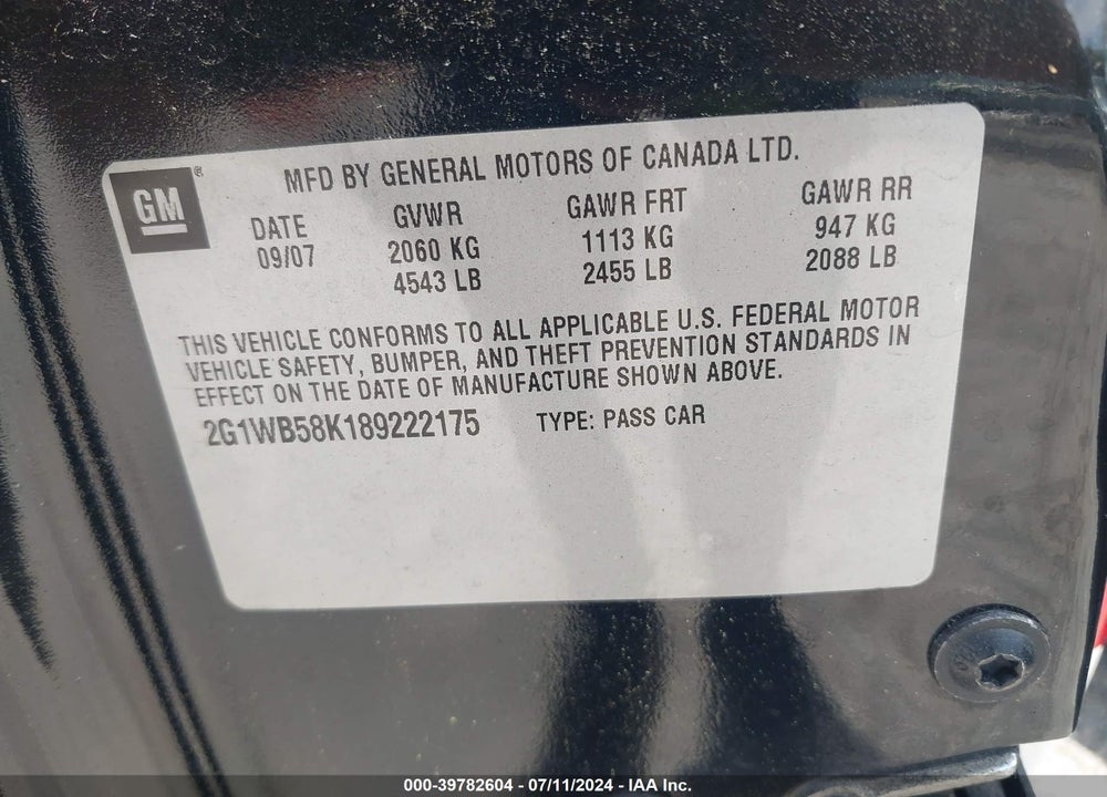 2008 CHEVROLET IMPALA LS VIN: 2G1WB58K189222175