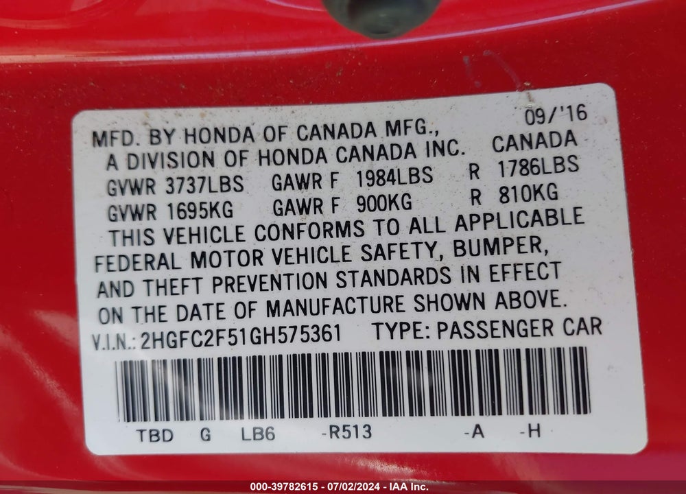2016 HONDA CIVIC LX VIN: 2HGFC2F51GH575361
