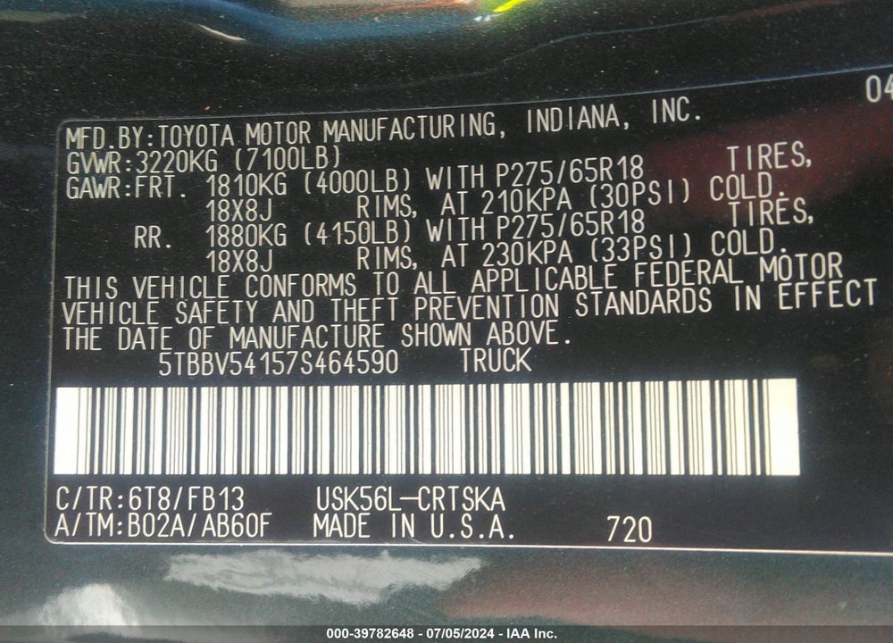 2007 TOYOTA TUNDRA SR5 5.7L V8 VIN: 5TBBV54157S464590