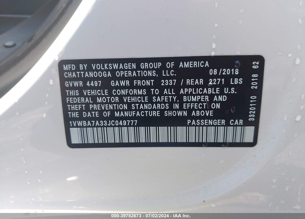 2018 VOLKSWAGEN PASSAT 2.0T SE VIN: 1VWBA7A33JC049777