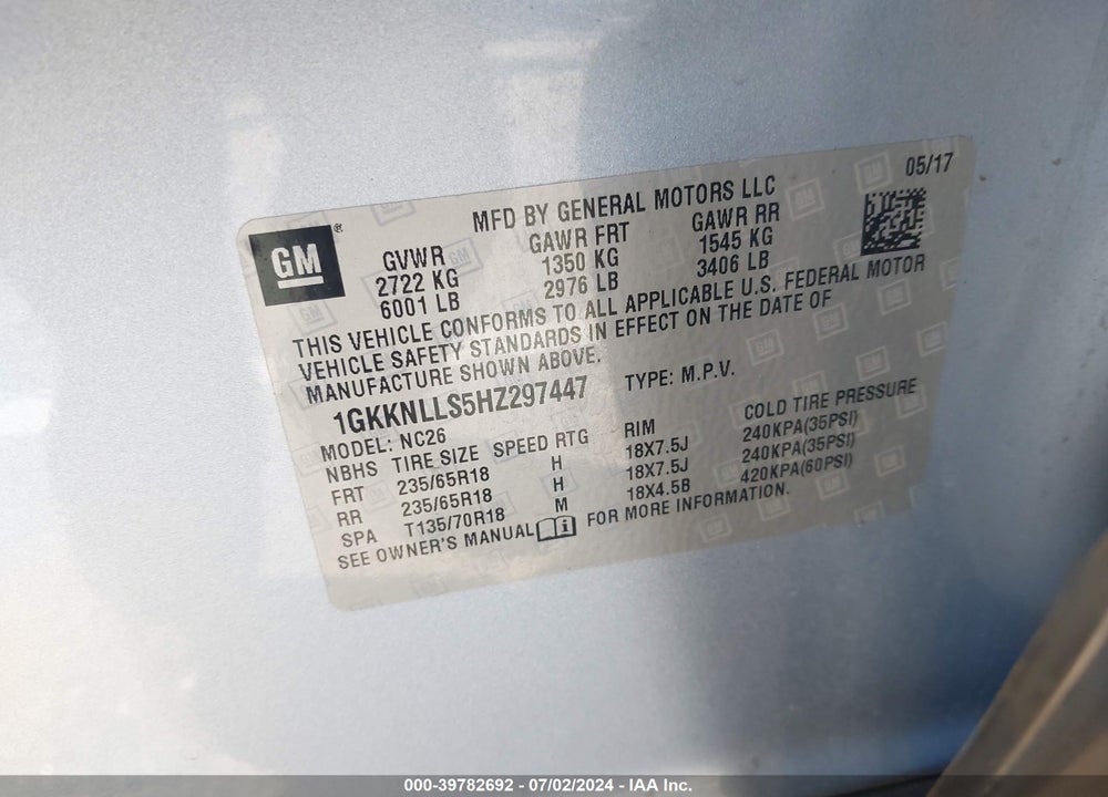 2017 GMC ACADIA SLE-2 VIN: 1GKKNLLS5HZ297447