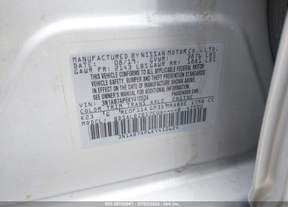 2019 NISSAN SENTRA S VIN: 3N1AB7AP6KY410624