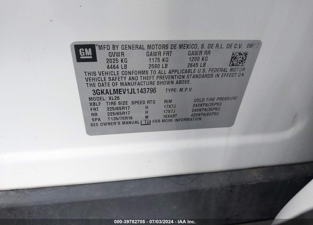 2018 GMC TERRAIN SLE VIN: 3GKALMEV1JL143796