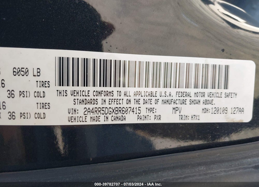 2011 CHRYSLER TOWN & COUNTRY TOURING VIN: 2A4RR5DGXBR607415