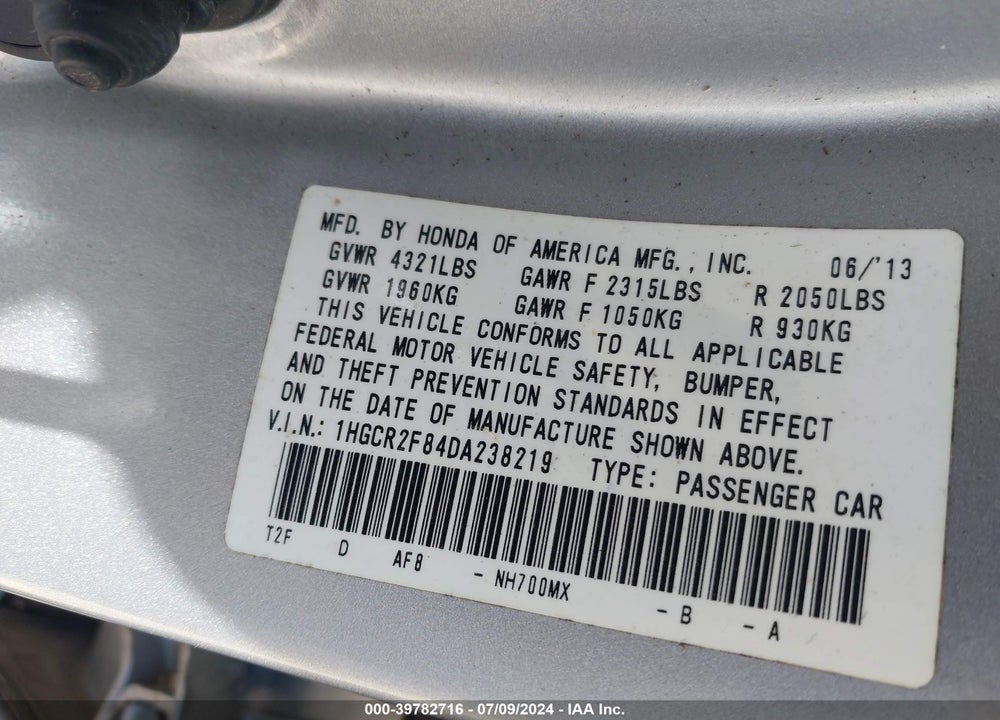 2013 HONDA ACCORD EX-L VIN: 1HGCR2F84DA238219