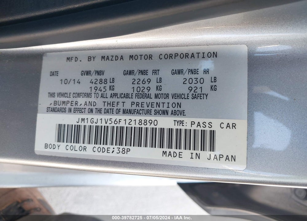2015 MAZDA 6 I TOURING VIN: JM1GJ1V56F1218890